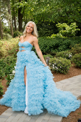 Strapless Hot Pink Keyhole Print Ruffle Tiered Prom Dress