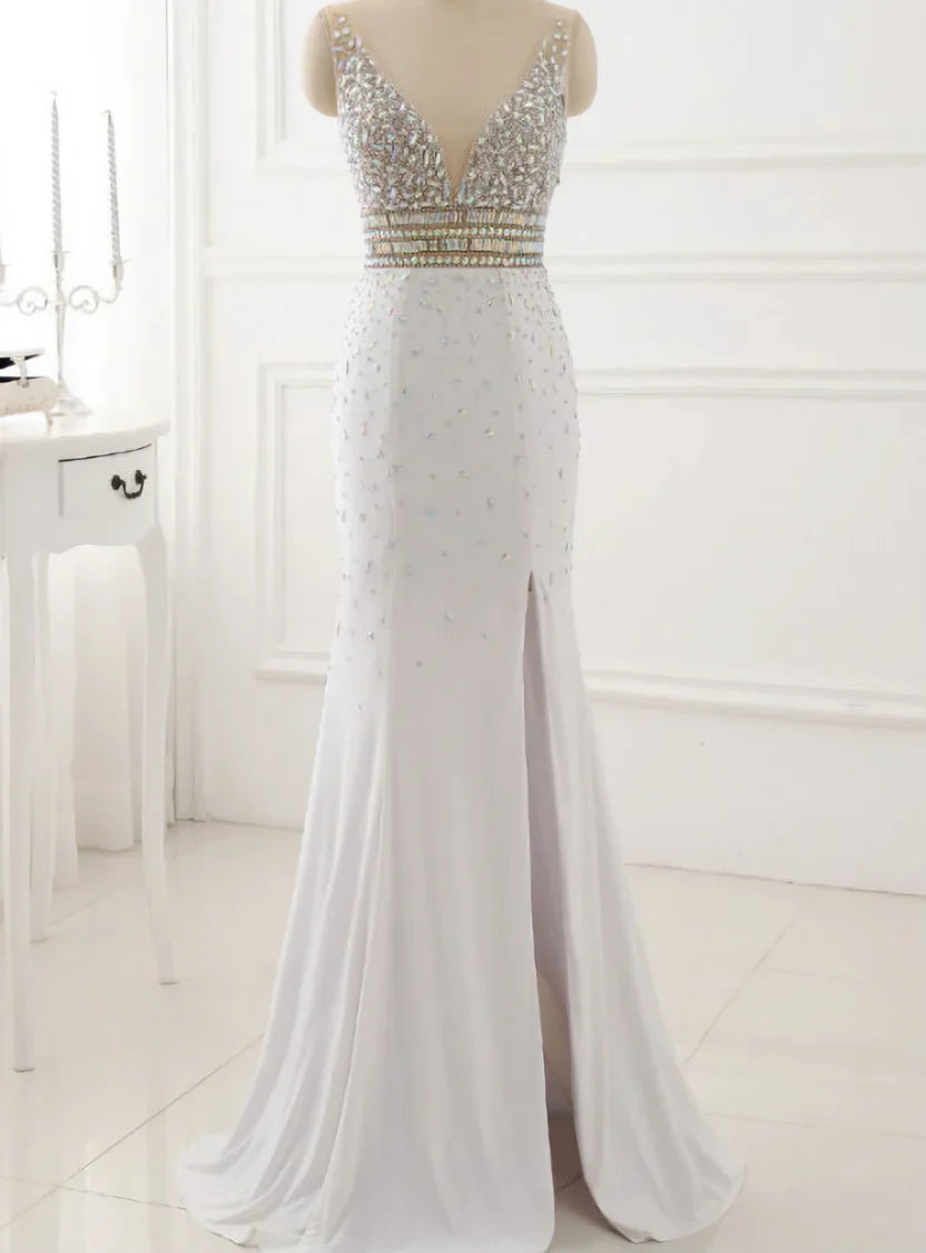 Prom Dress Evening Party Gowns Long Sexy High Slit Chiffon Crystal