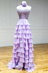 Purple Ruffle Chiffon Halter Prom Dress
