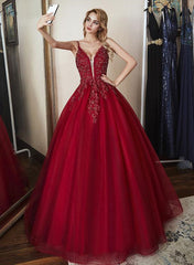 Deep V Neck Burgundy Lace Prom Gown, Burgundy Lace Prom Dresses Evening Formal Dresses