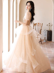 A-Line Champagne Tulle Lace Long Prom Dress, Champagne Long Formal Dress