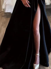 Aimishang A-Line Sexy Evening Dress Formal Prom Dress Sweep/Brush Train Long Sleeve Off Shoulder Satin with Pearls Slit