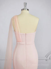 Sheath/Column One-Shoulder Sweep Train Stretch Crepe Bridesmaid Dresses