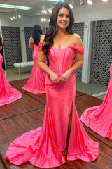 Black Corset Off the Shoulder Long Prom Dress with Slit