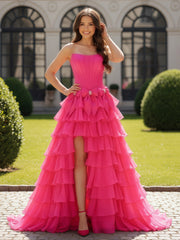 Ball Gown Strapless Chiffon Ruffle Prom Dress With Bow Fuchsia