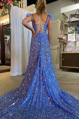 A Line Spaghetti Straps Blue Sequins Long Prom Dress with Feathers
