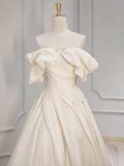 Off Shoulder A-Line Satin Beige Long Prom Dress, Beige Long Formal Dress