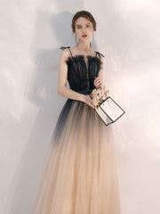 Champagne tulle long prom dress, champagne A line evening dress