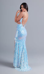 PromGirl Backless Long Blue Sequin Prom Dress