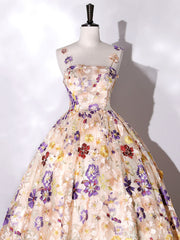 Champagne A-line Flowers Long Prom Dress, Champagne Sweet 16 Dress