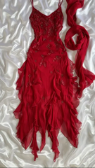 Spaghetti Straps Red Ruffle Long Prom Dress Applique Chiffon Formal Dresses