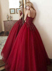 Deep V Neck Burgundy Lace Prom Gown, Burgundy Lace Prom Dresses Evening Formal Dresses
