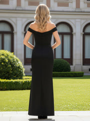 Off-The-Shoulder Floor Length Sheath Prom Dress With Slit Black