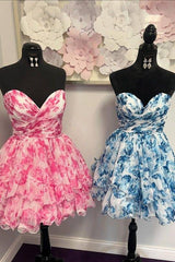 Sweetheart Blue Corset Floral Print Ruffle Short Party Dress