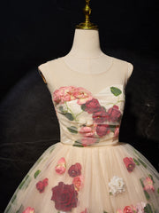 Champagne 3D Flower Tulle Short Prom Dress, Cute Champagne Homecoming Dress