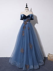 Gray Blue A-Line Tulle Long Prom Dress, Gray Blue Long Formal Dress