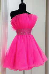 Pink Strapless Beaded Ruffle Tiered Short Homecoming Dress
