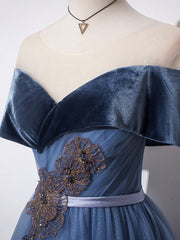Gray Blue A-Line Tulle Long Prom Dress, Gray Blue Long Formal Dress