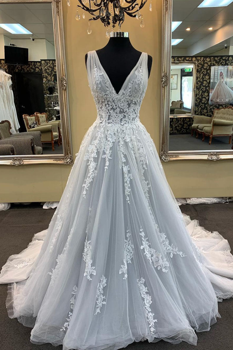 Gray v neck tulle lace long prom dress, gray tulle evening dress