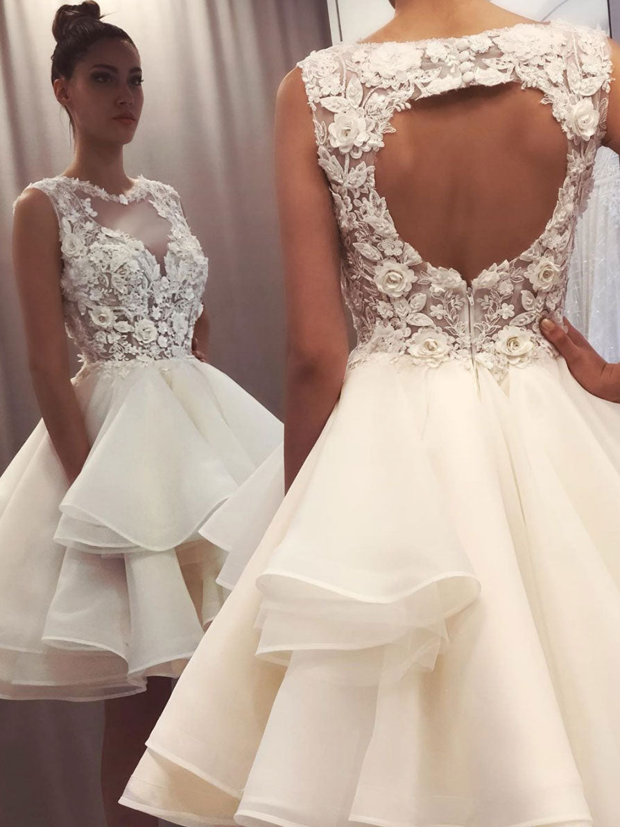Unique round neck satin lace short prom dress lace cocktail dress
