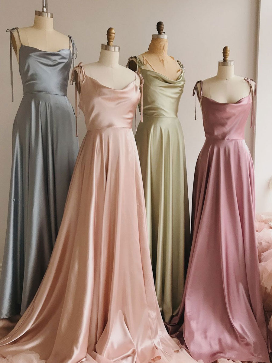 Simple satin A line long prom dress, long bridesmaid dress