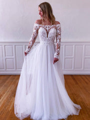 White tulle lace long prom dress, white lace bridesmaid dress