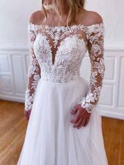 White tulle lace long prom dress, white lace bridesmaid dress