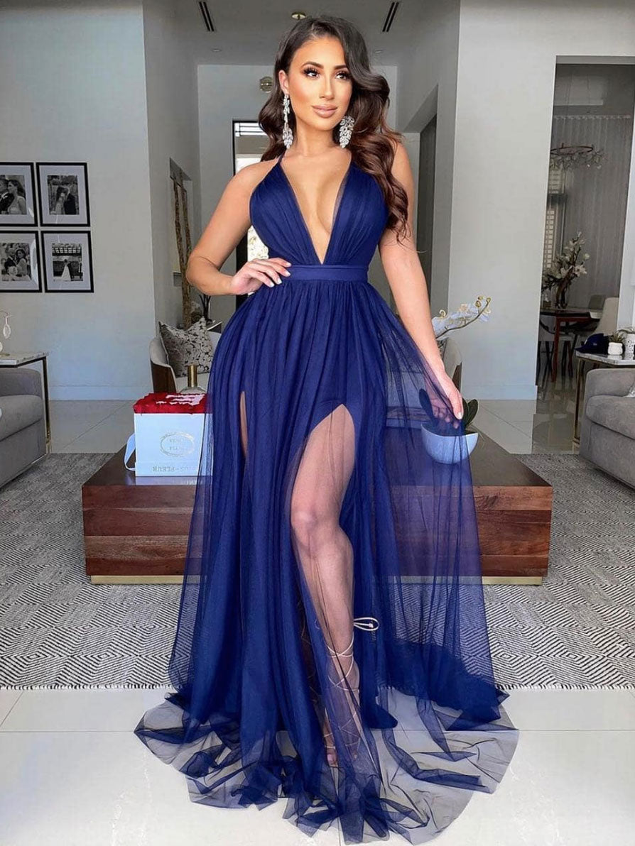 Simple blue v neck tulle long prom dress blue tulle evening dress