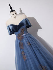 Gray Blue A-Line Tulle Long Prom Dress, Gray Blue Long Formal Dress
