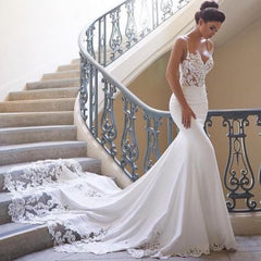 Sexy Mermaid Spaghetti Strap Chiffon Lace Wedding Dresses