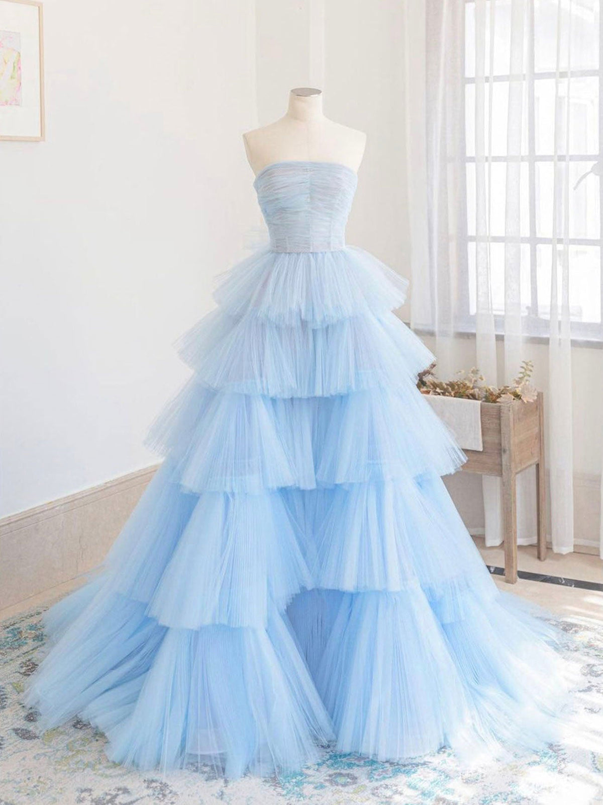 Blue tulle long prom dress blue tulle long evening dress