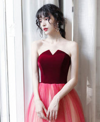 A-Line Burgundy Long Prom Dresses, Burgundy Formal Evening Dress with Velvet