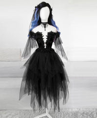 Black tulle lace short prom dress black lace cocktail dress
