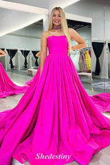 Simple Fuchsia Strapless A-Line Taffeta Long Prom Dress