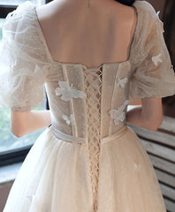 Champagne tulle lace long prom dress champagne tulle formal dress