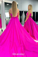 Simple Fuchsia Strapless A-Line Taffeta Long Prom Dress
