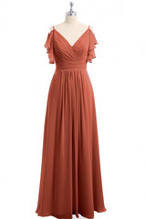 Roest oranje koude schouder A-lijn lange bruidsmeisje jurk
