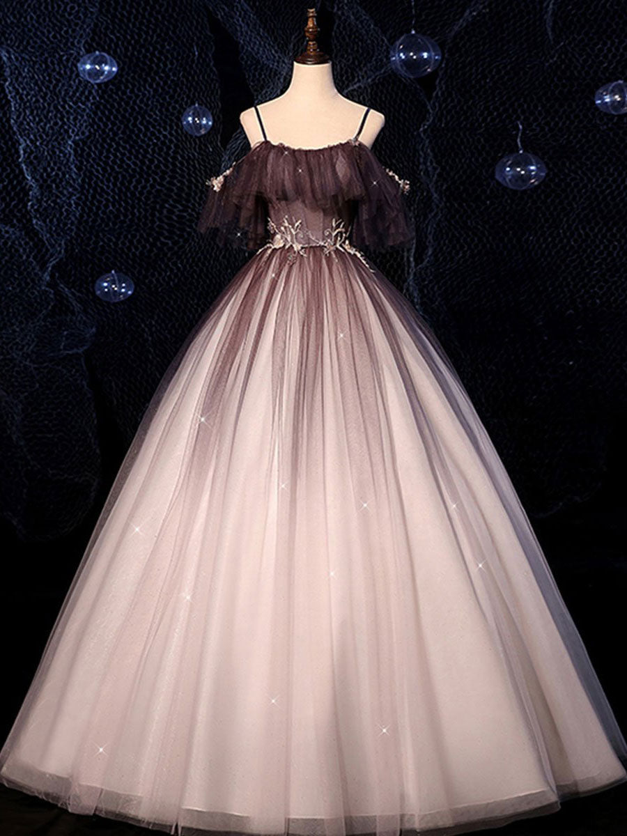 Coffee one shoulder tulle long prom gown, coffee tulle formal dress
