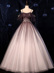 Coffee one shoulder tulle long prom gown, coffee tulle formal dress