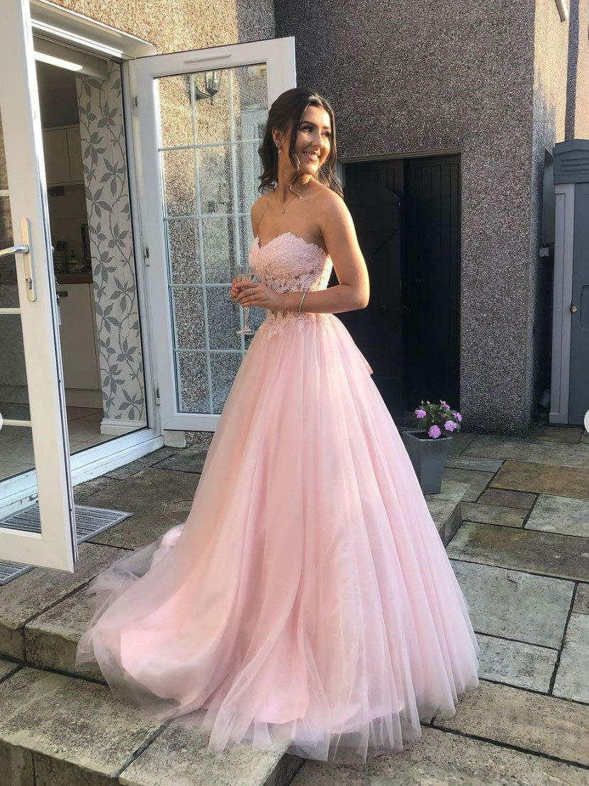 Pink sweetheart tulle lace long prom dress, pink lace eveing dress