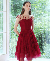 Burgundy round neck tulle lace short prom dress burgundy cocktail dress