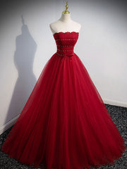 Burgundy A line tulle long prom dress, burgundy tulle formal dress