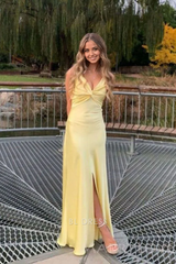 Sheath V-Neck Straps Satin Yellow Long formal dresses Bridesmaid Dresses evening gown Prom Dress with Slit