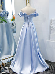 Simple blue off shoulder long prom dress, blue evening dress