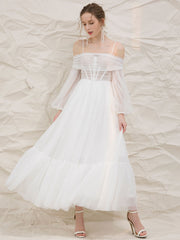 Aline Tea Length White Prom Dresses, White Formal Graduation Dresses