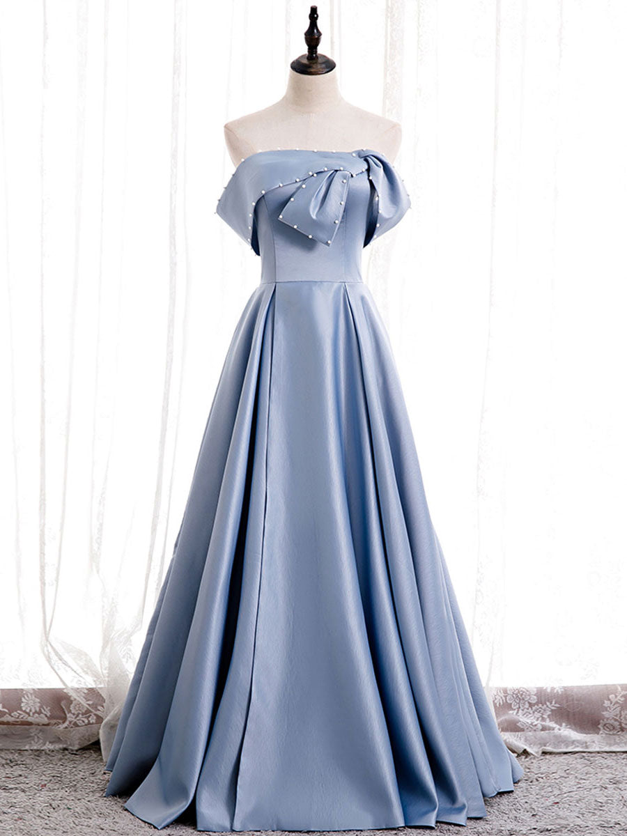 Blue satin of shoulder long prom dress blue bridesmaid dress