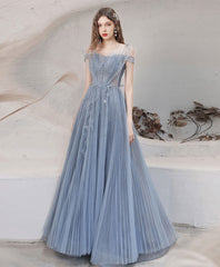 Blue tulle lace off shoulder long prom dress tulle formal dress