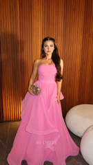 A Line Simple Strapless Tulle Layered Pink formal dresses Bridesmaid Dresses evening gown Prom Dress