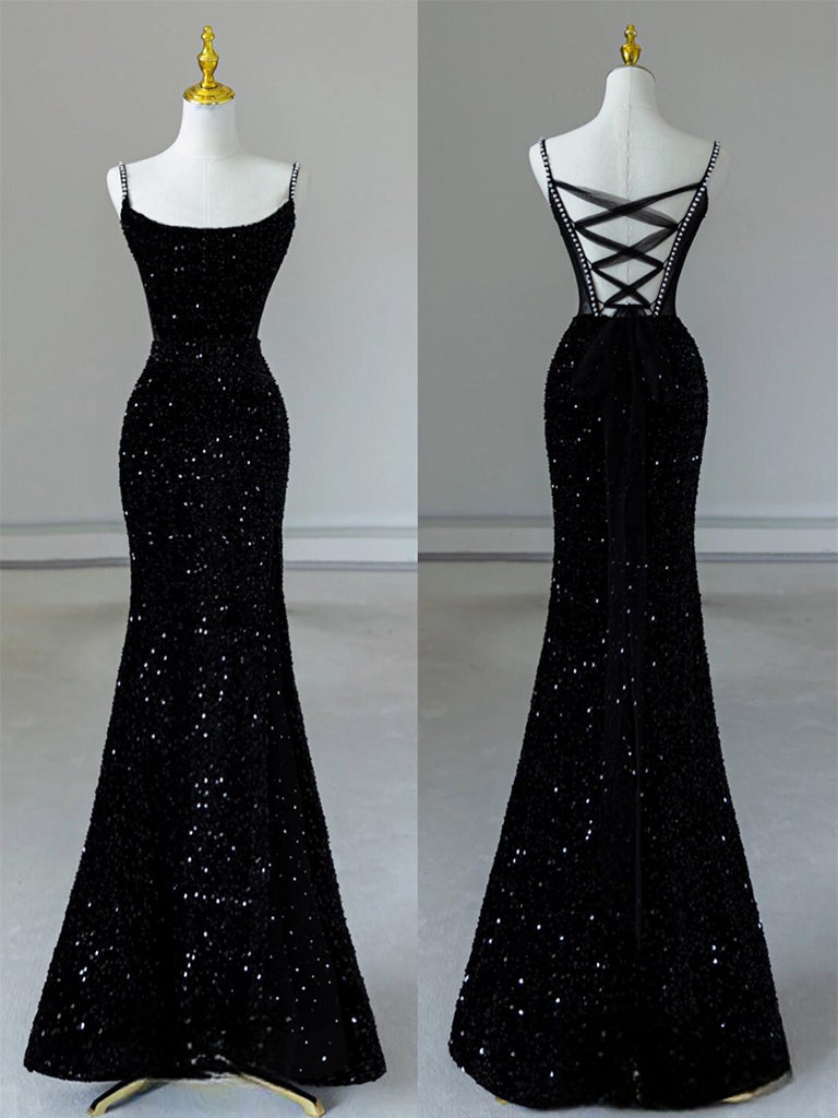 Simple Mermaid Velvet Sequin Black Long Prom Dress, Black Evening Dress