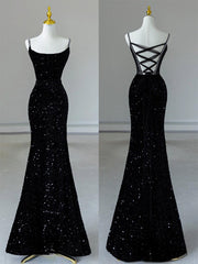 Simple Mermaid Velvet Sequin Black Long Prom Dress, Black Evening Dress
